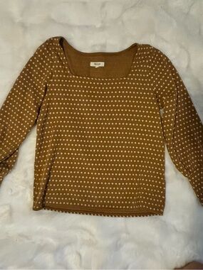 Madewell Mustard Yellow Scoop Neck Sweater with White Diamond Pattern